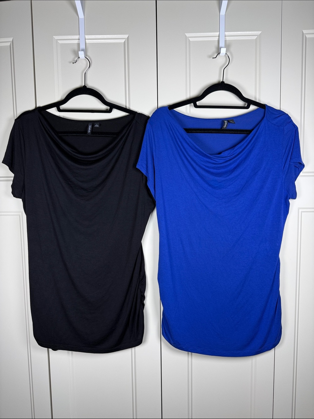Pair of Relativity Draped Neck Short Sleeve Tops - Black & Royal Blue